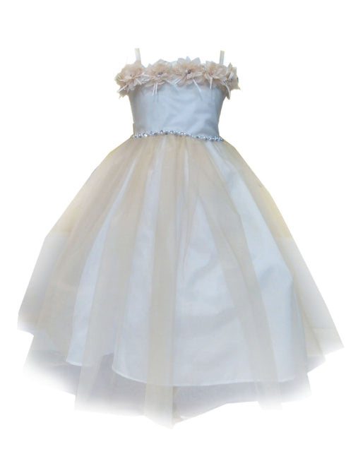 Little Girls Champagne Floral Off Shoulder Tulle Flower Girl Dress 2-6 - SophiasStyle.com